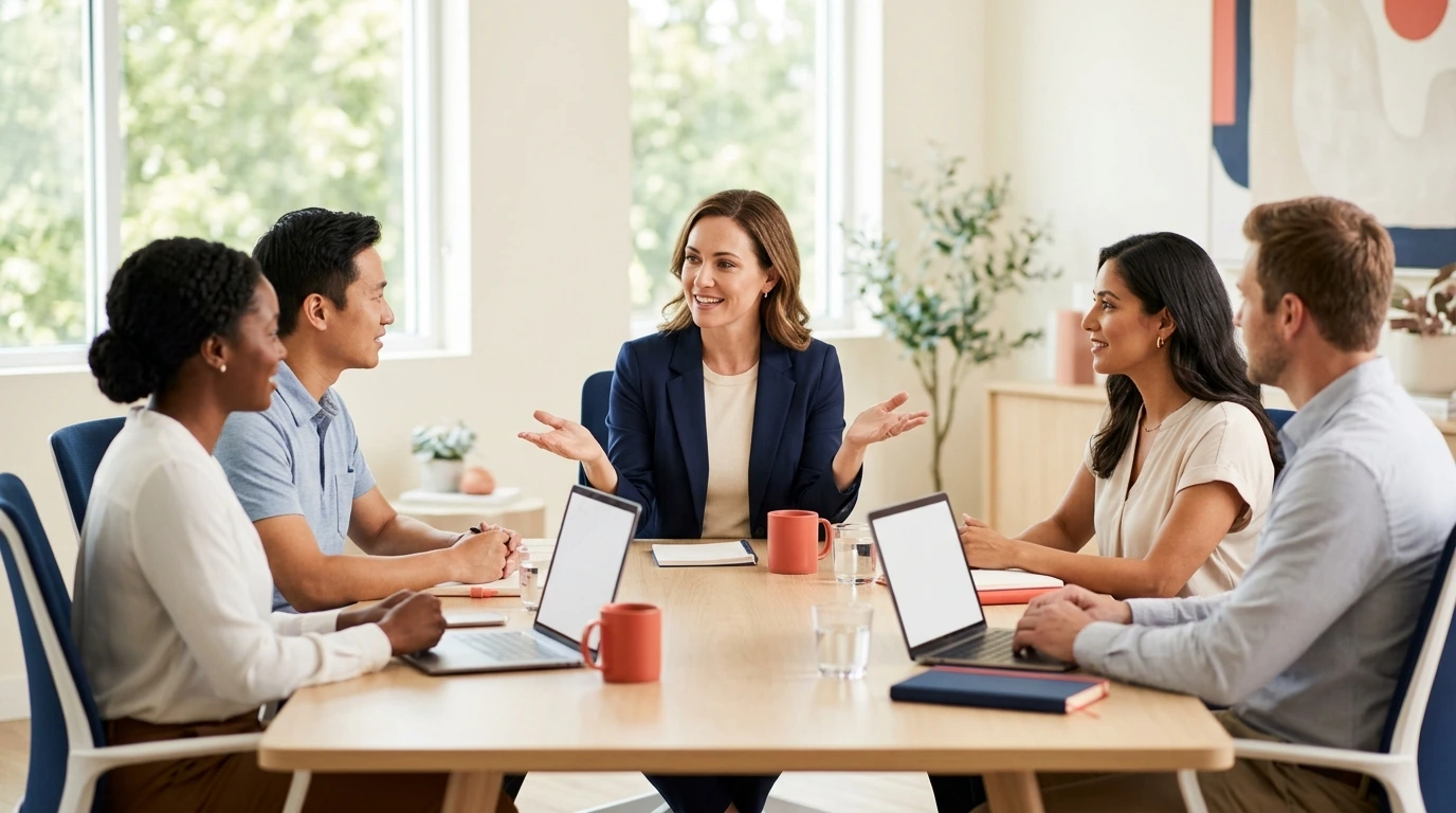 Femme en situation de leadership lors d'une réunion d'équipe