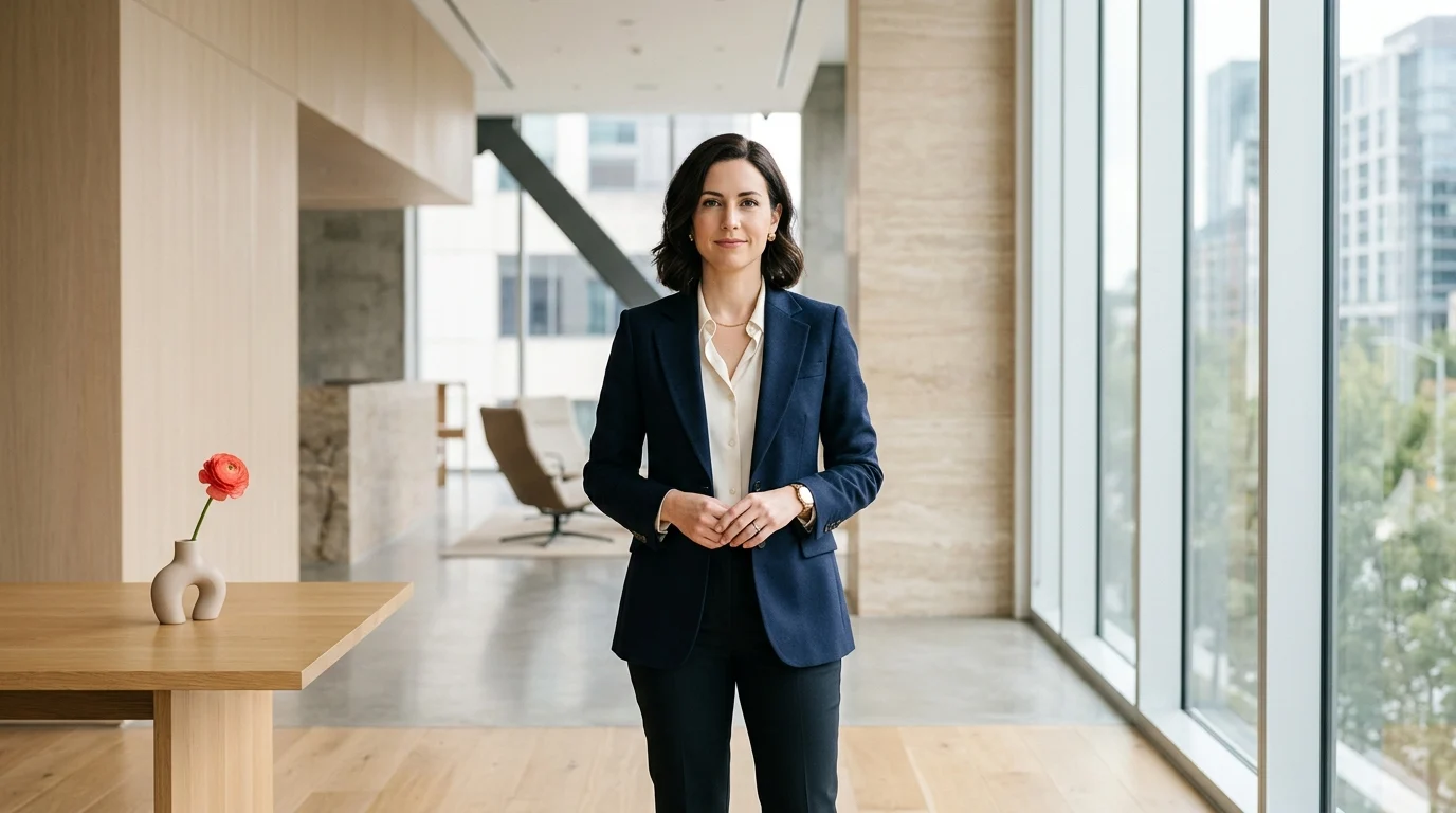 Femme leader et confiante portant une veste bleue, Élan Magazine