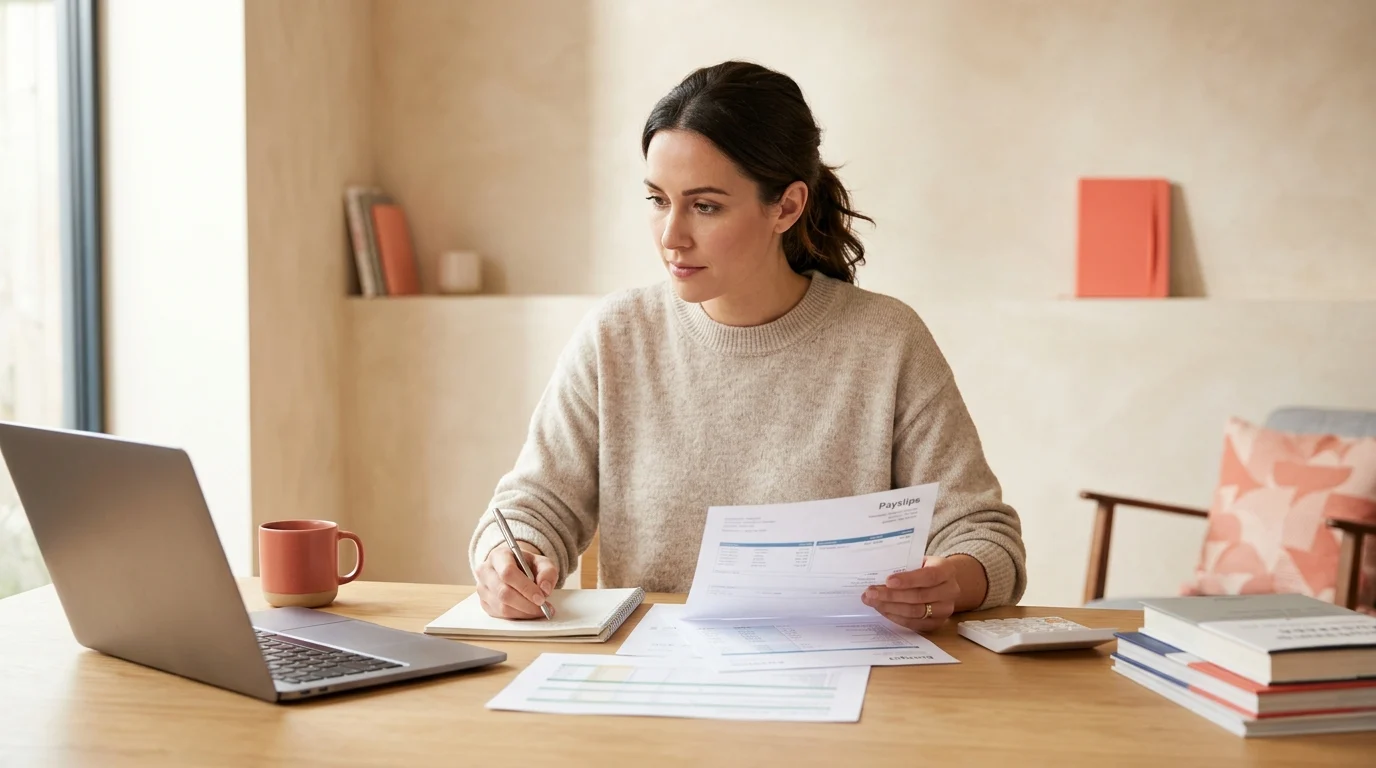 Femme d'affaires analysant ses fiches de paie et préparant sa négociation salariale
