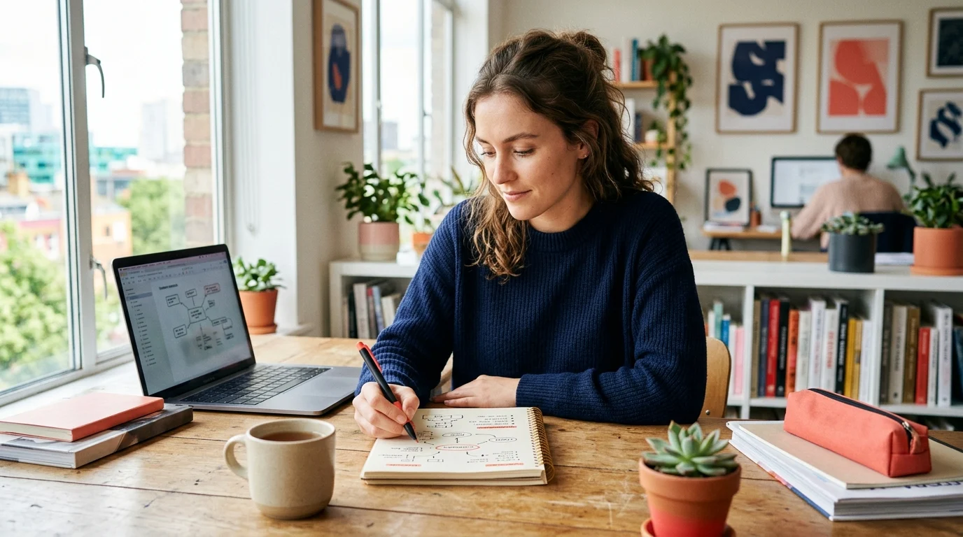 Femme devant un ordinateur réfléchissant à son plan de reconversion professionnelle