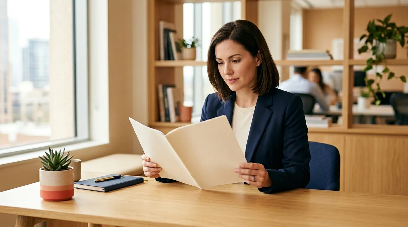 Femme juriste d'entreprise ou salariée protégeant ses droits au travail