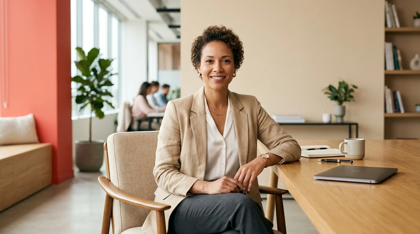 Femme confiante exprimant sa posture de leadership au bureau