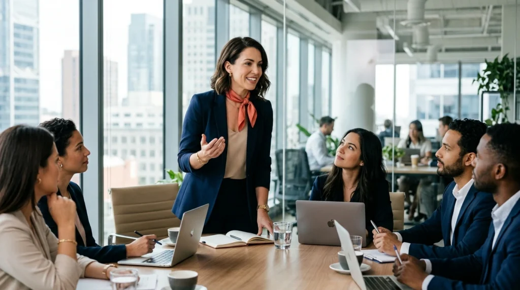 Femme leader en réunion d équipe