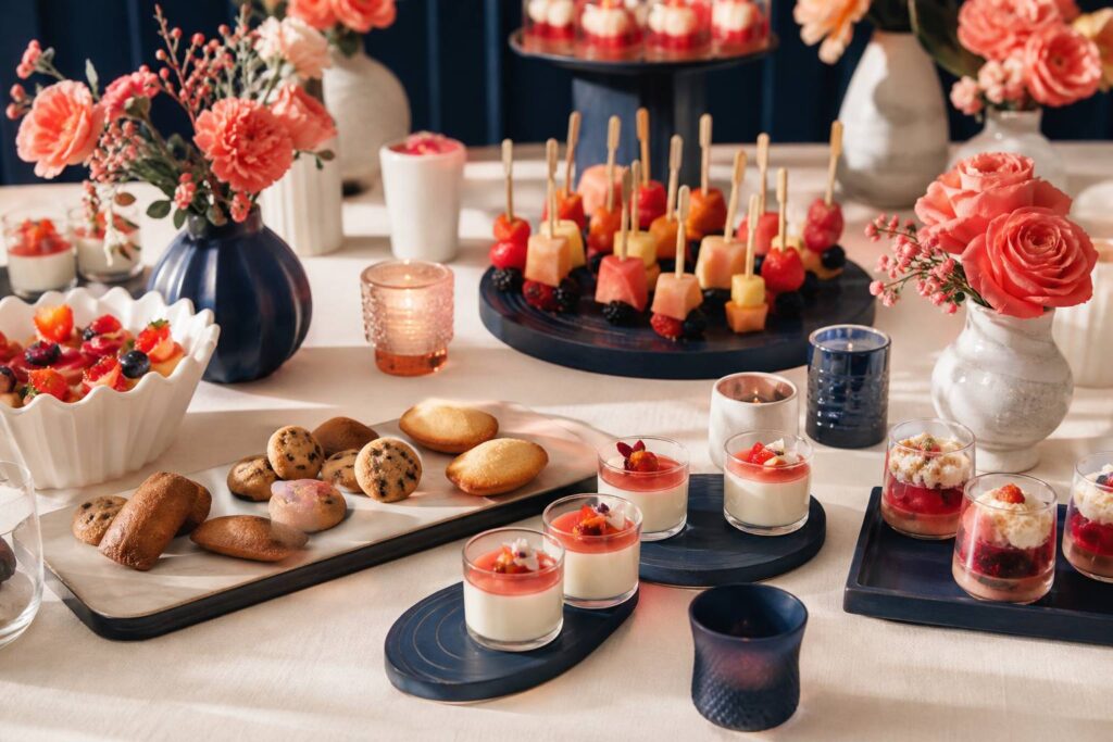 Buffet sucré avec verrines, brochettes de fruits et mini-cookies