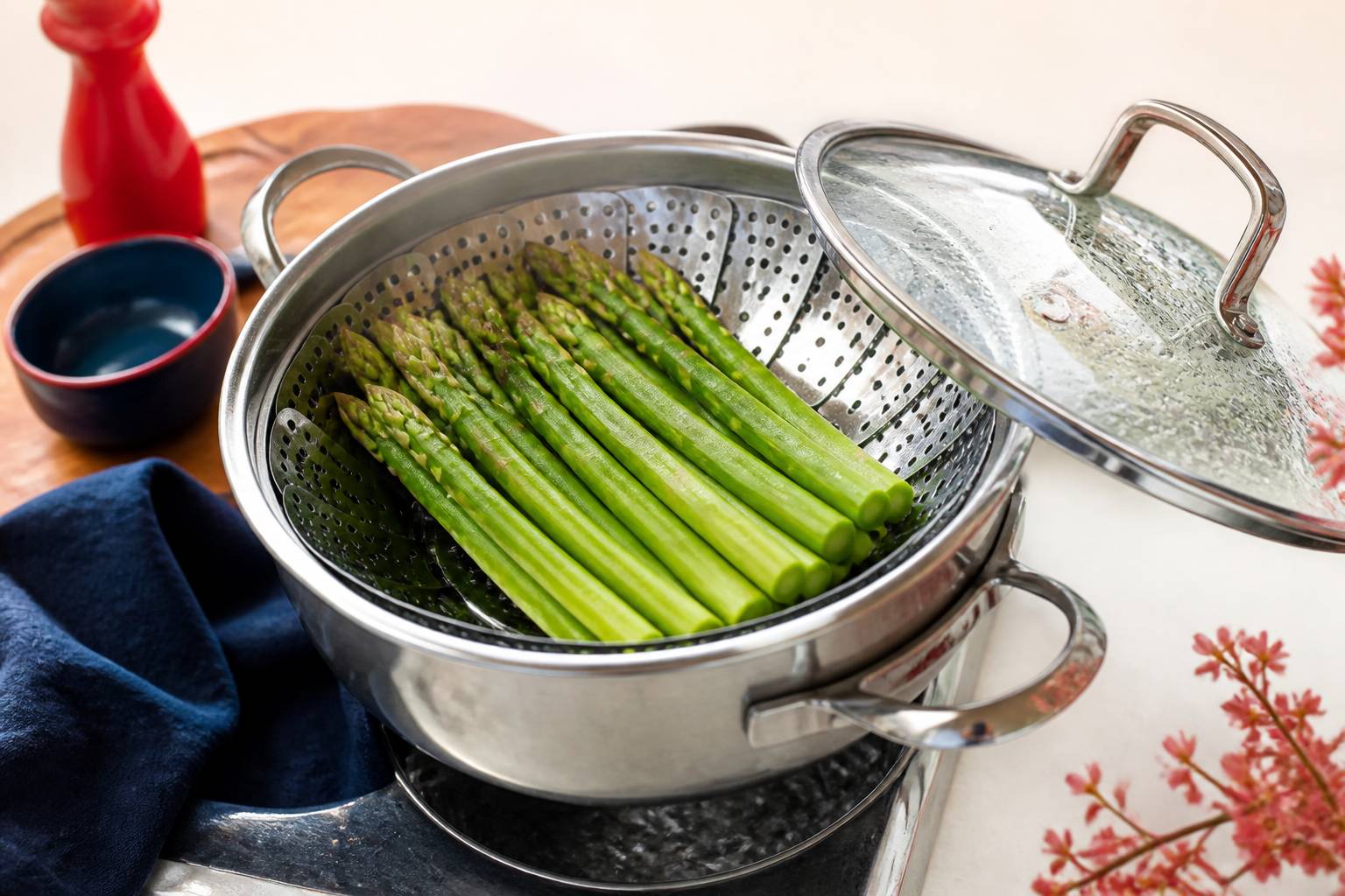 Asperges vertes cuites à la vapeur dressées dans une assiette claire
