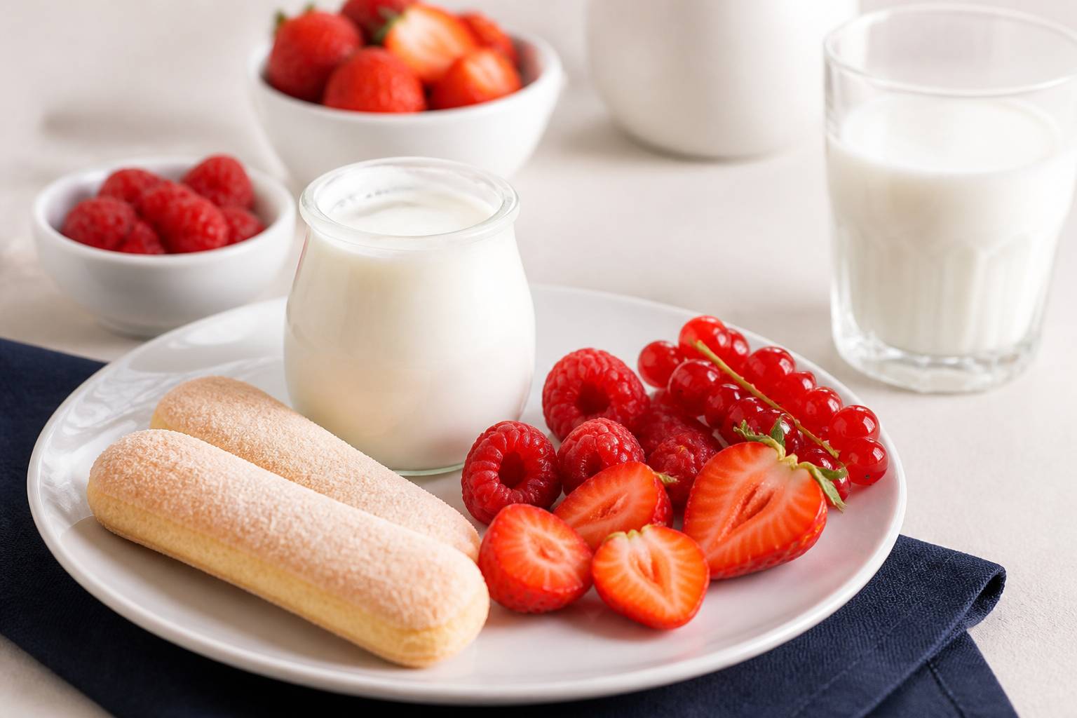 Collation légère avec deux boudoirs, yaourt nature ouvert, fruits rouges et verre de lait