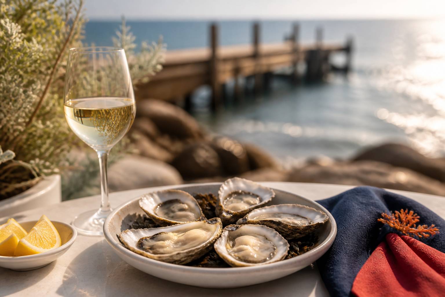 Assiette d'huîtres et verre de vin blanc sur une table face à la jetée