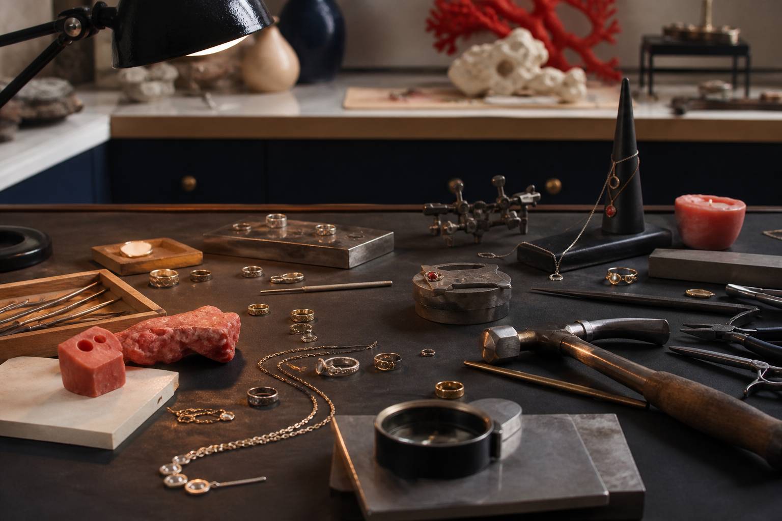 Établi de bijoutier avec bijoux, outils et loupe de joaillerie