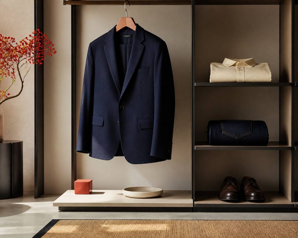 Blazer homme bleu marine en laine sur un cintre en bois