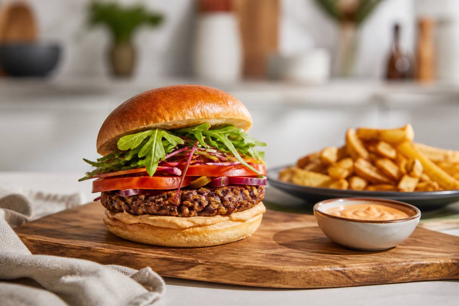 Burger végétarien avec galette de haricots noirs sur planche en bois