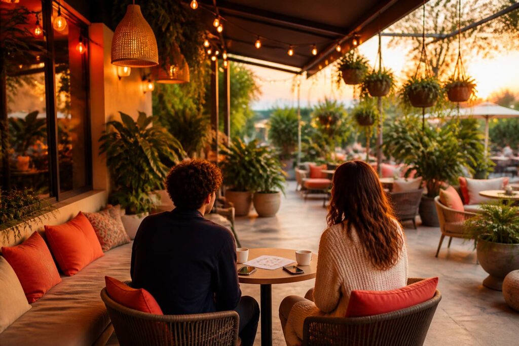 Table de café avec questionnaire et deux téléphones