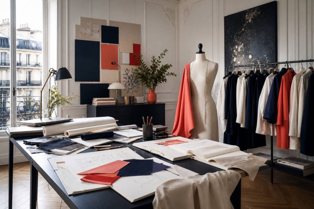 Atelier de mode parisien avec portants de vêtements et rouleaux de tissu