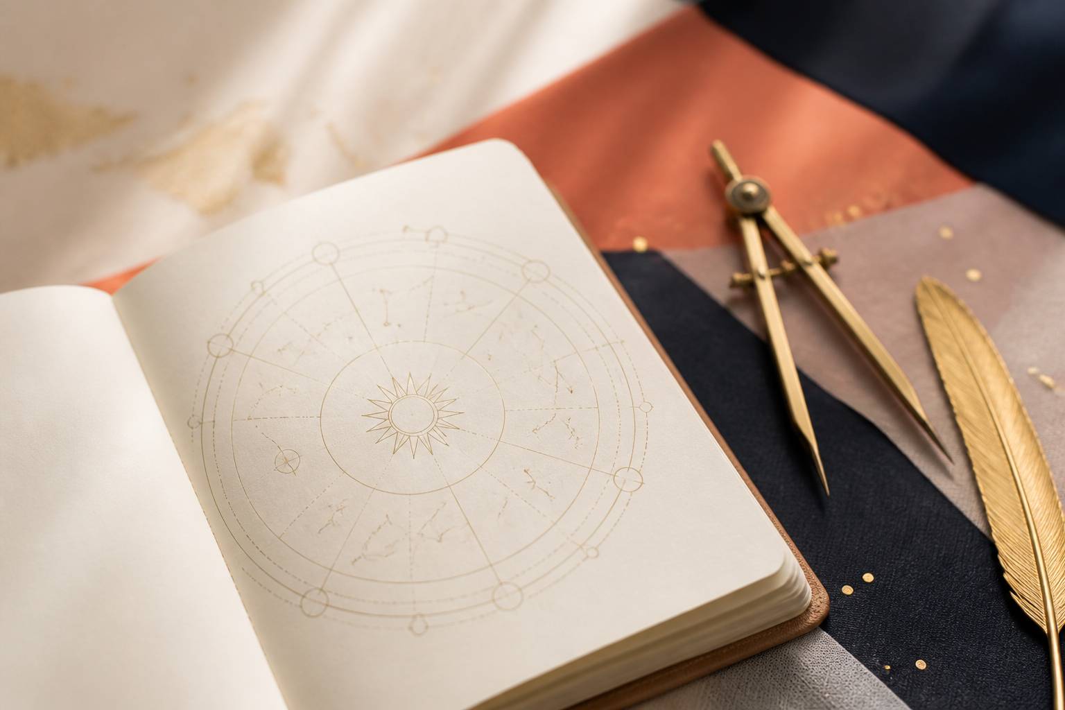 Carnet ouvert avec une roue zodiacale dessinée au compas