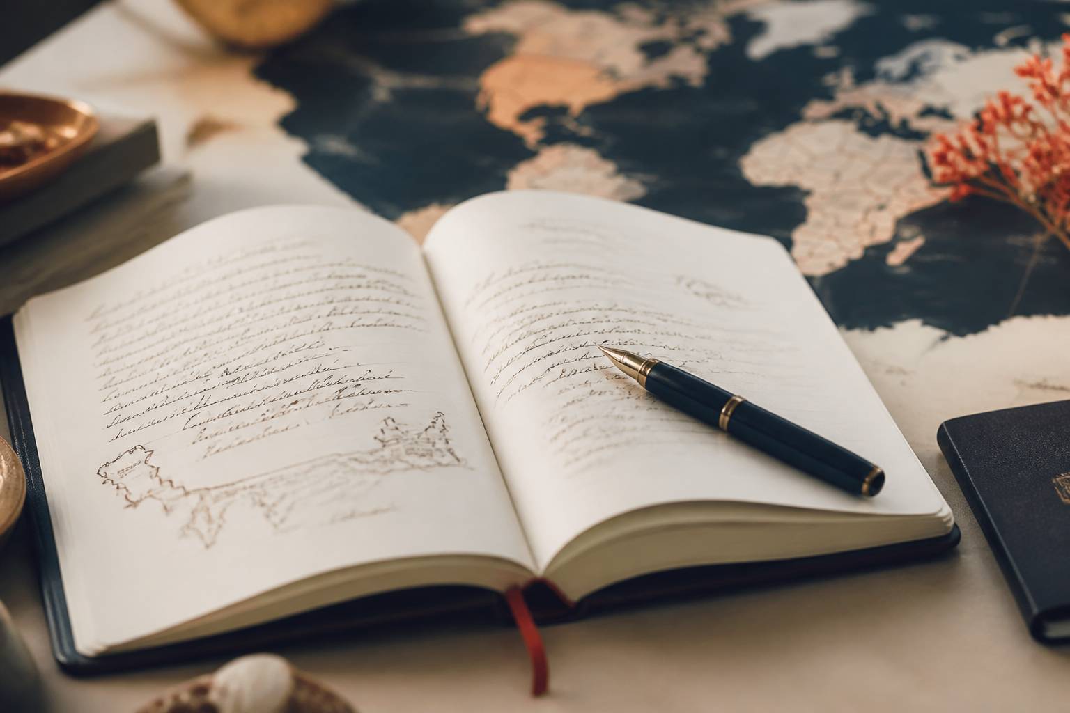 Carnet de voyage ouvert avec notes et stylo
