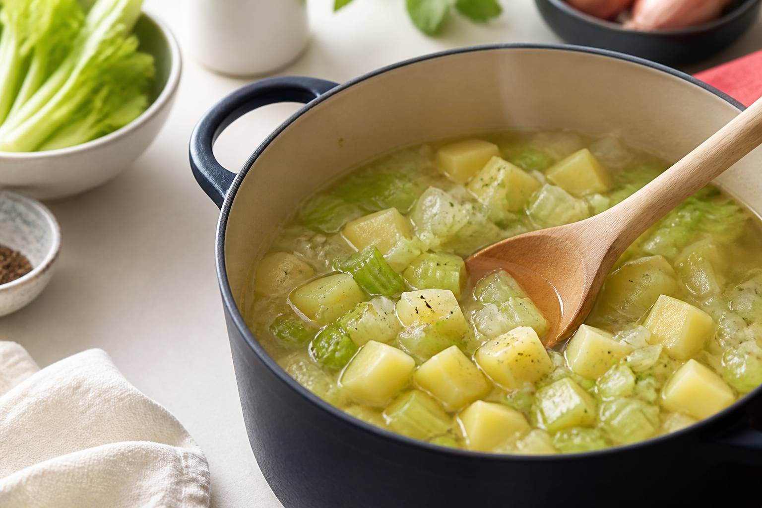 Casserole de soupe avec des morceaux de céleri et de pommes de terre en cuisson