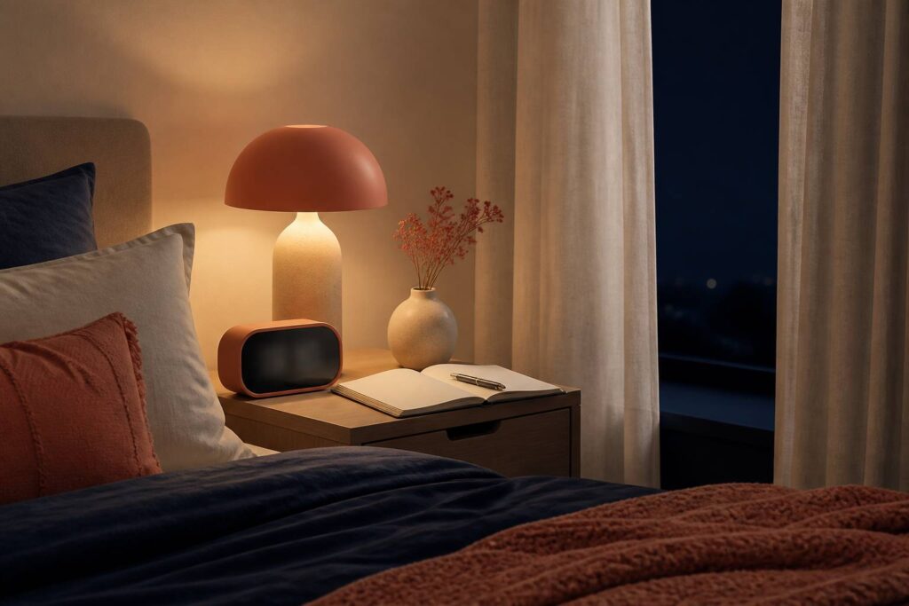 Chambre calme la nuit avec carnet ouvert et lampe de chevet