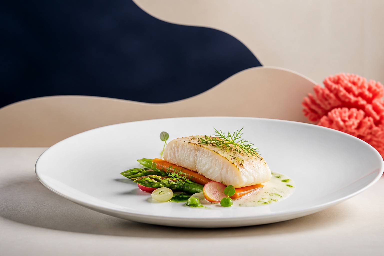 Assiette gastronomique légère avec poisson, sauce délicate et légumes printaniers