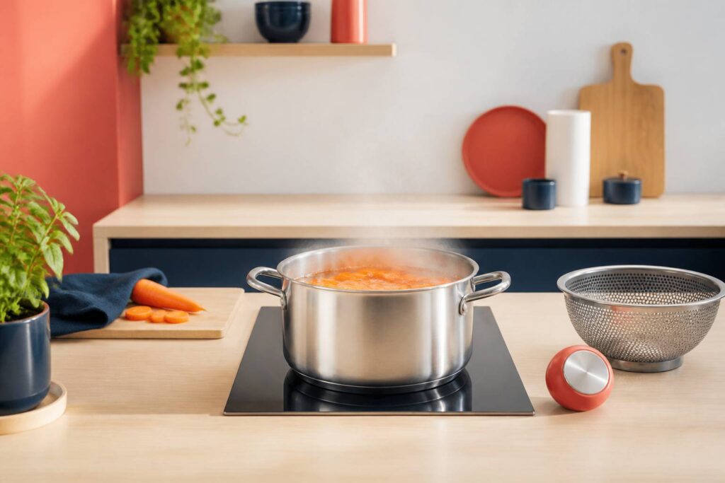 Casserole d'eau bouillante avec rondelles de carottes et passoire