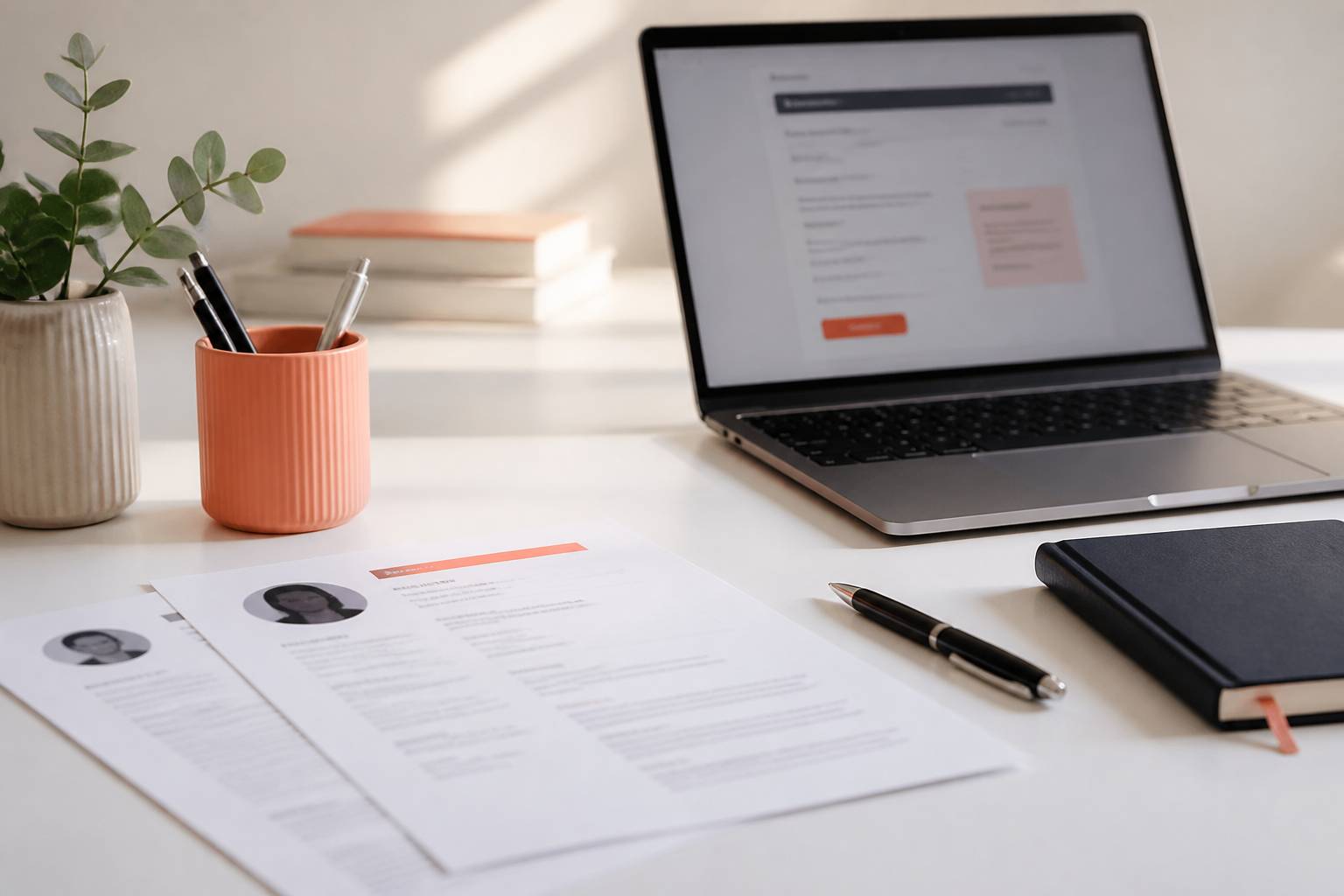 CV et lettre de motivation sans texte lisible sur un bureau clair avec ordinateur