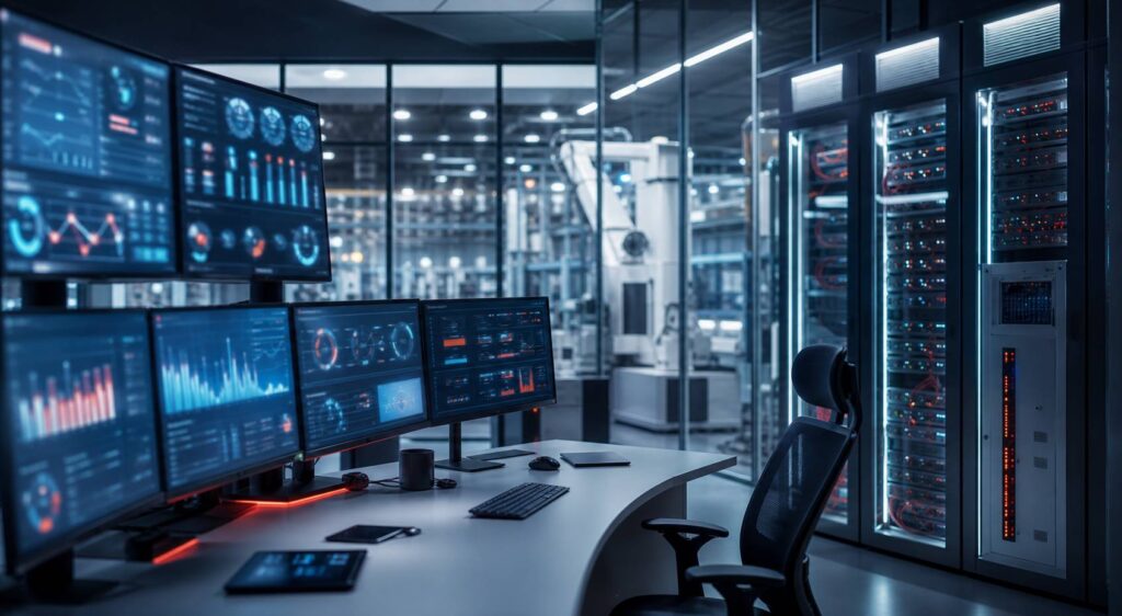 Salle de contrôle industrielle moderne avec écrans de supervision
