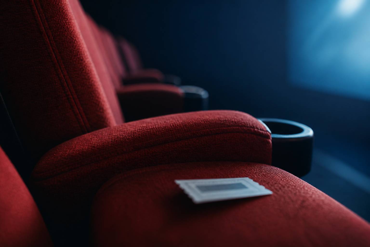Fauteuil de cinéma rouge éclairé d'une lumière bleutée