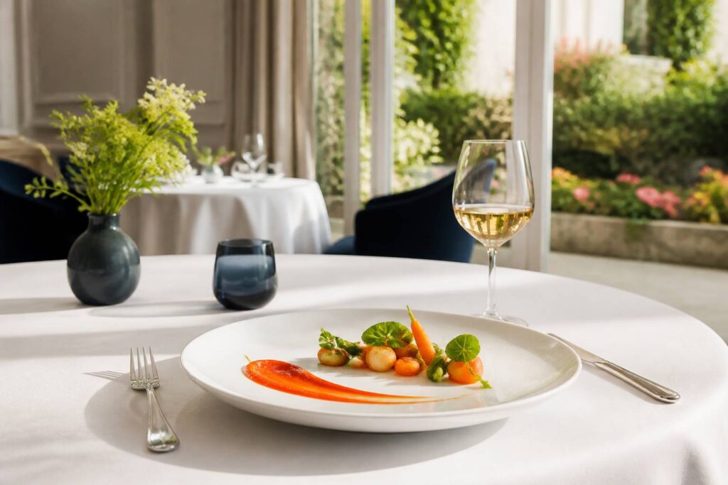 Table gastronomique française avec assiette fine dressée et vue sur un jardin