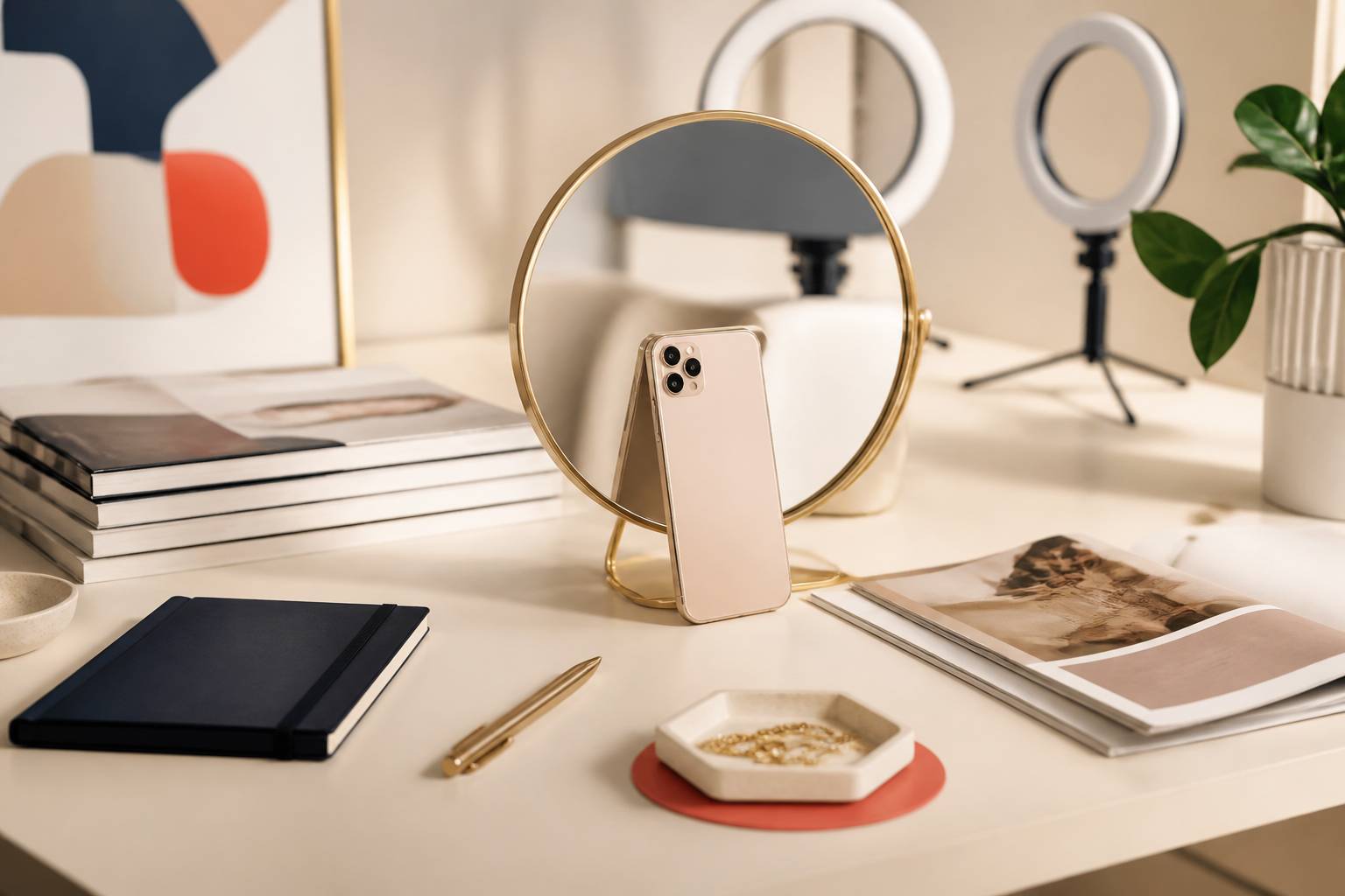 Bureau contemporain avec téléphone posé face contre un miroir et une ring light éteinte