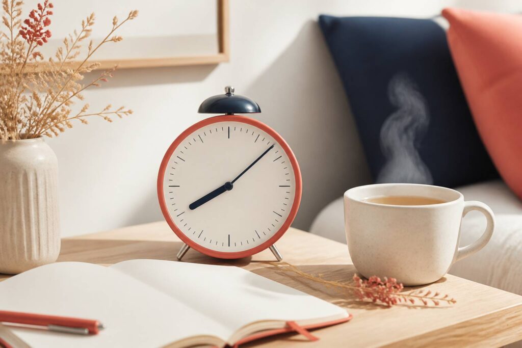Reveil elegant indiquant huit heures huit sur une table de nuit