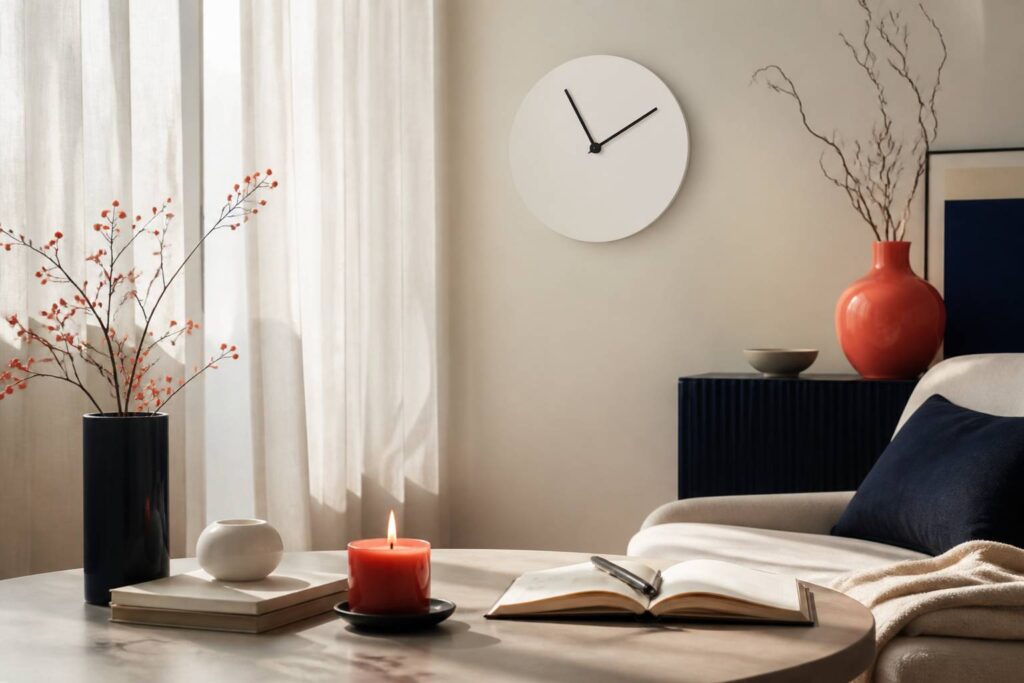 Horloge murale affichant 11h11 dans un salon lumineux