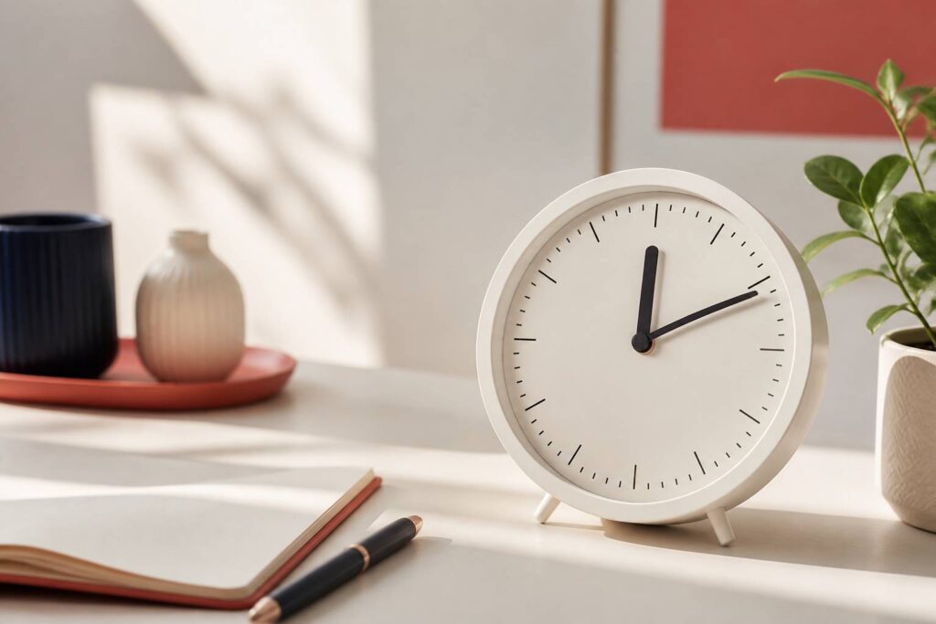 Horloge blanche affichant 12h12 sur un bureau clair avec carnet ouvert