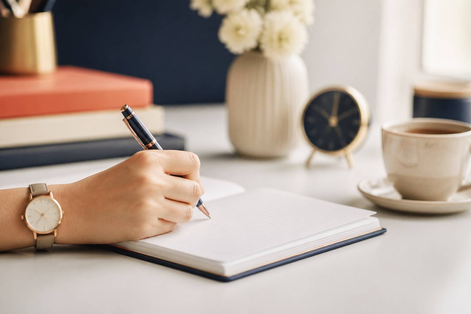 Main écrivant dans un carnet sur un bureau lumineux et apaisant