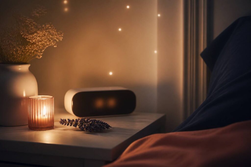Réveil au cadran flou sur une table de nuit dans une ambiance nocturne apaisante