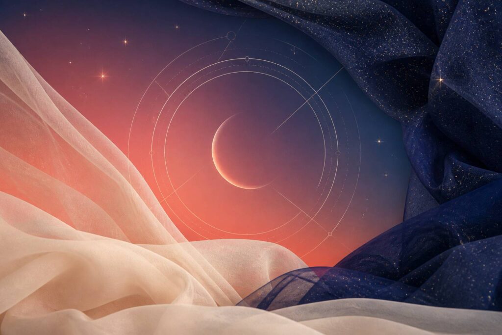 Composition astrologique avec lune fine et étoiles stylisées
