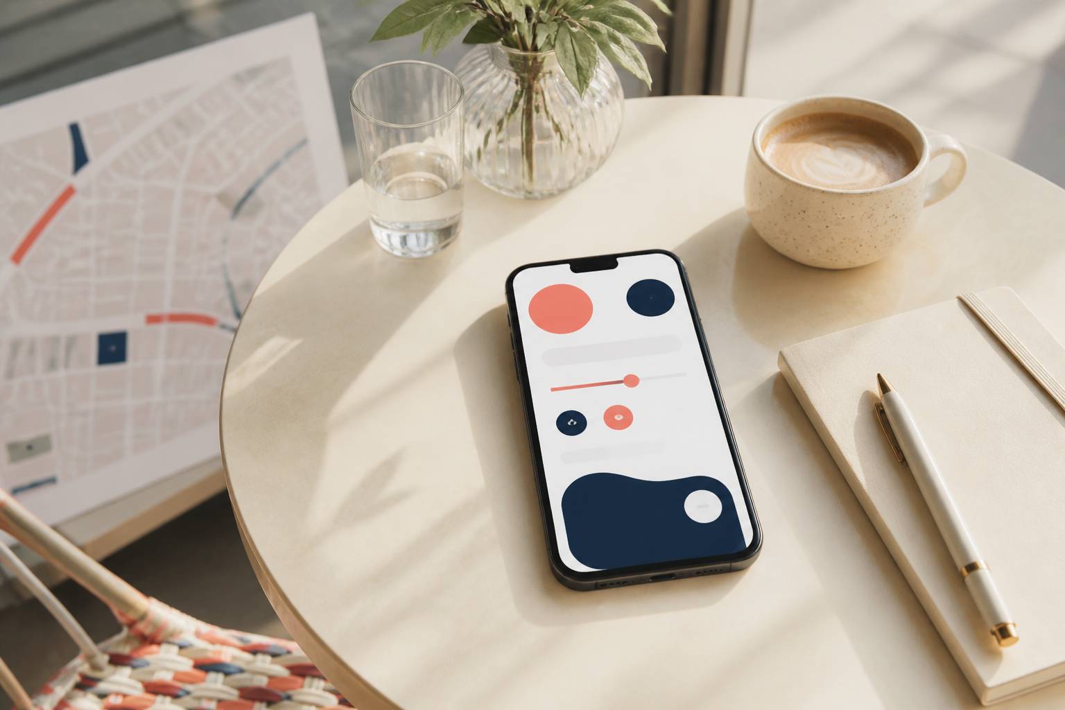 Smartphone affichant une interface abstraite de recherche de mission étudiante sur une table de café