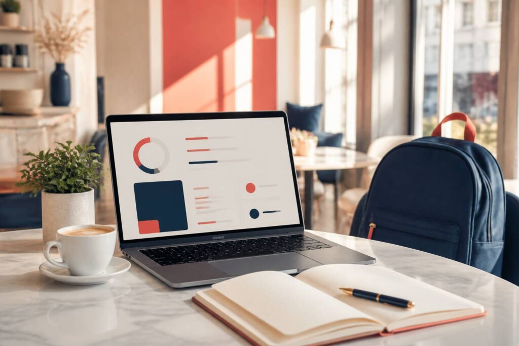 Bureau lumineux avec ordinateur portable, carnet et café pour une recherche de job étudiant