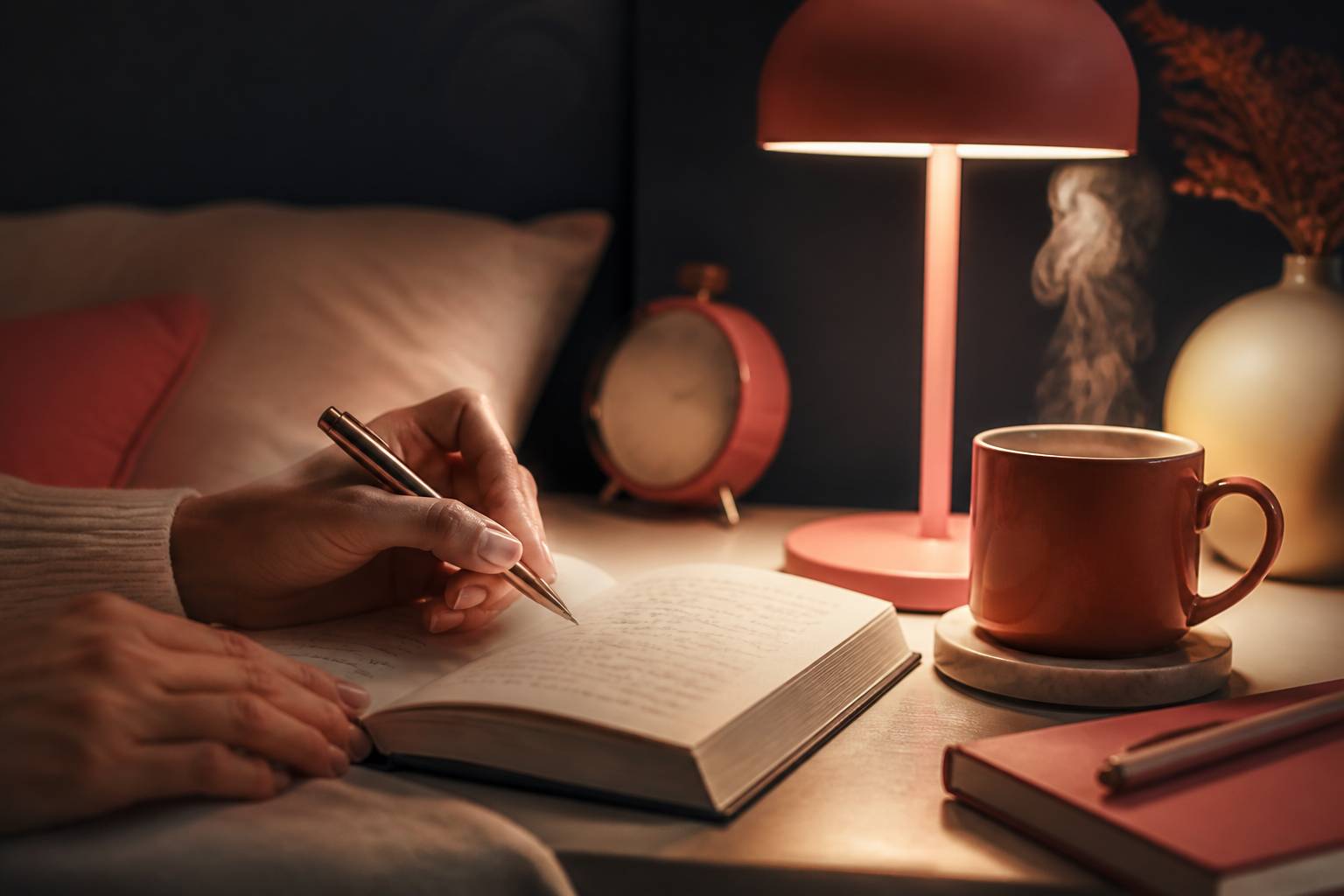 Mains écrivant dans un journal intime à la lumière d'une lampe
