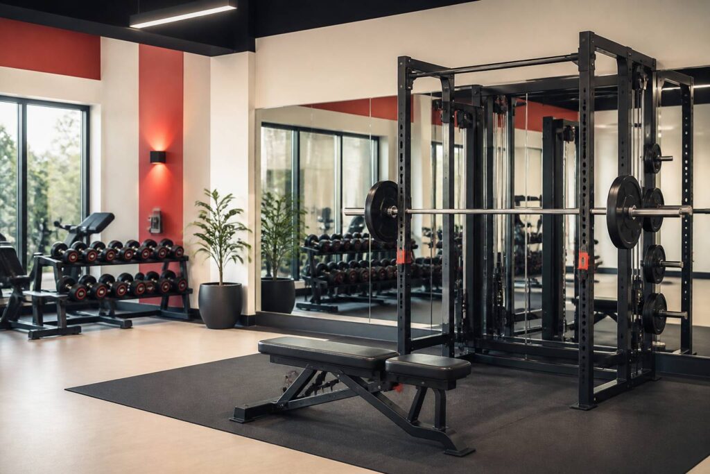 Machine à barre guidée dans une salle de musculation