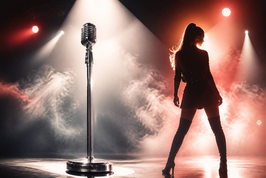 Pied de micro chromé sous un projecteur sur une scène de concert