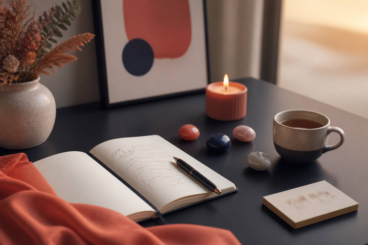 Carnet ouvert et bougie sur un bureau pour noter une intention