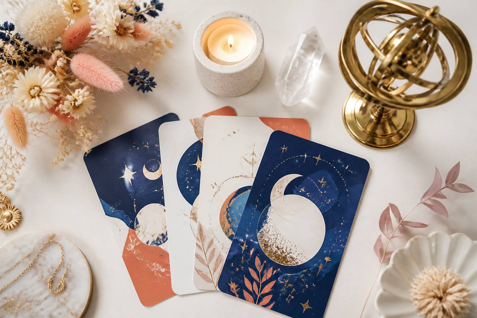 Cartes illustrées, bougie et cristal disposés en flat-lay