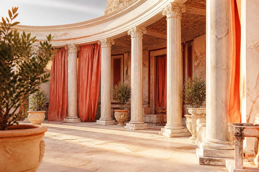 Colonnade de marbre antique dans la lumière du soir