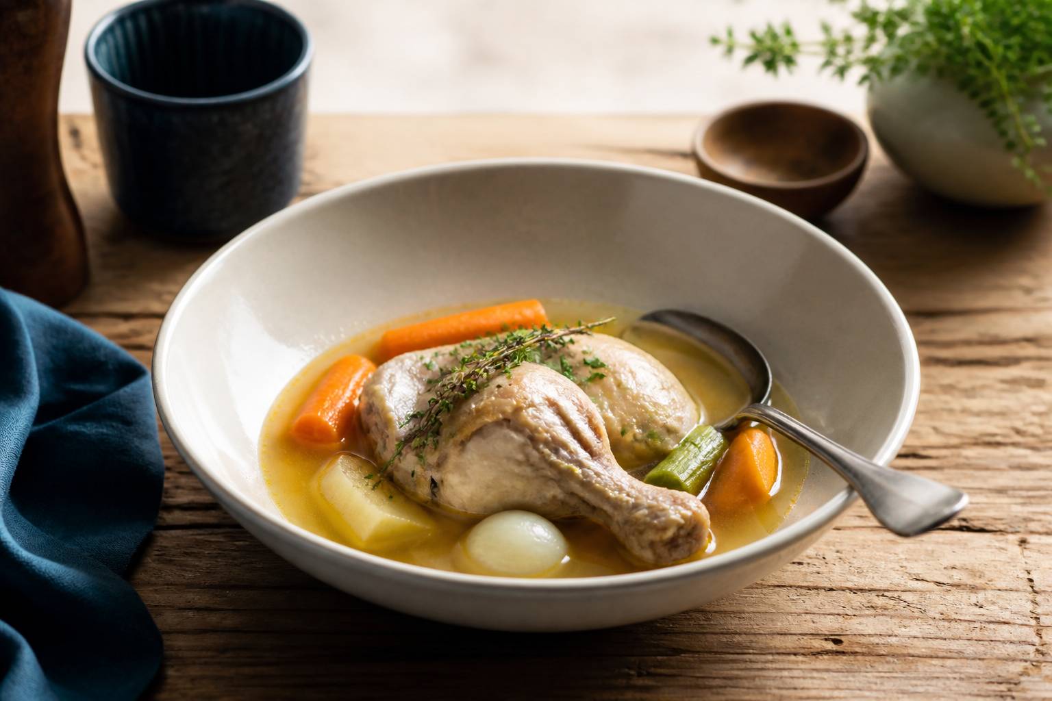 Assiette de poule au pot avec légumes et bouillon