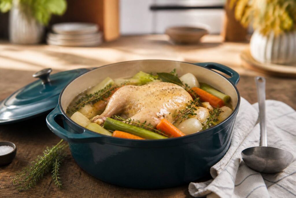 Cocotte en fonte avec une poule au pot et des légumes mijotés