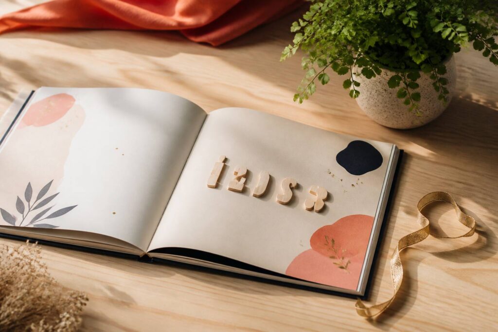 Livre de prénoms ouvert avec lettres en bois gravées et ruban doré