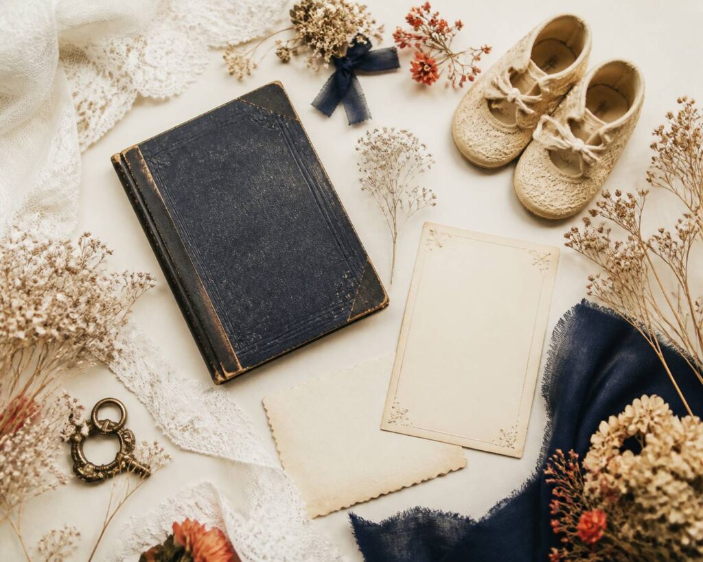 Flat-lay de registre ancien, dentelle et fleurs séchées sur fond crème