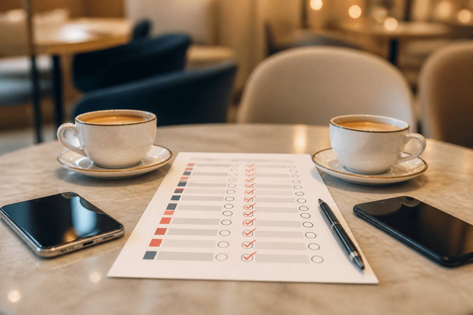 Questionnaire coché posé entre deux tasses de café