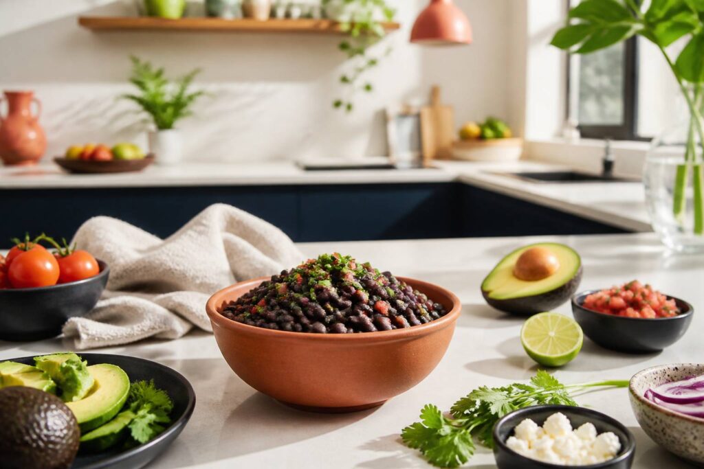 Bol en terre cuite de haricots noirs avec herbes et tomates en cuisine