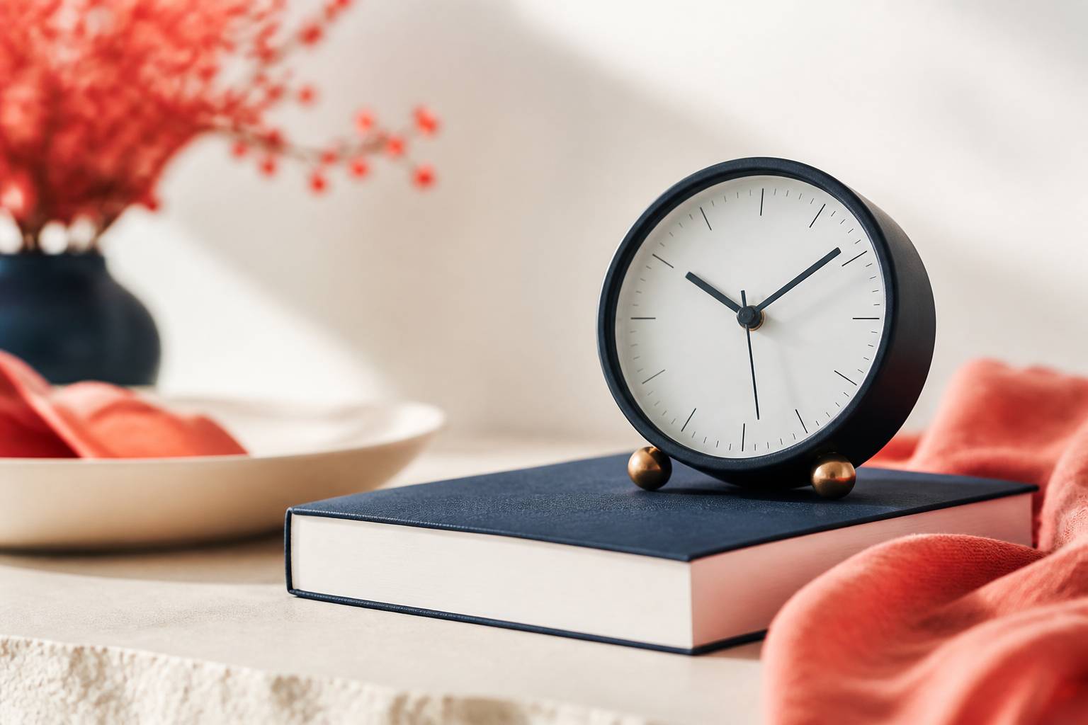 Réveil aux chiffres flous posé sur un livre fermé