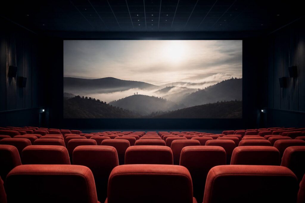 Salle de cinéma sombre avec écran montrant un paysage brumeux