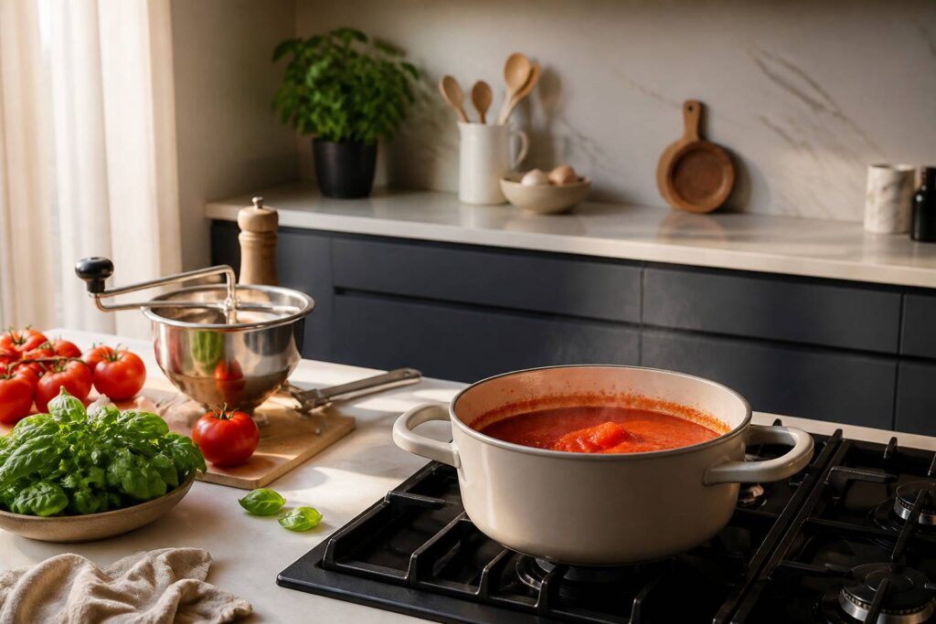 Casserole de sauce tomate avec des tomates mûres et du basilic sur un plan de travail